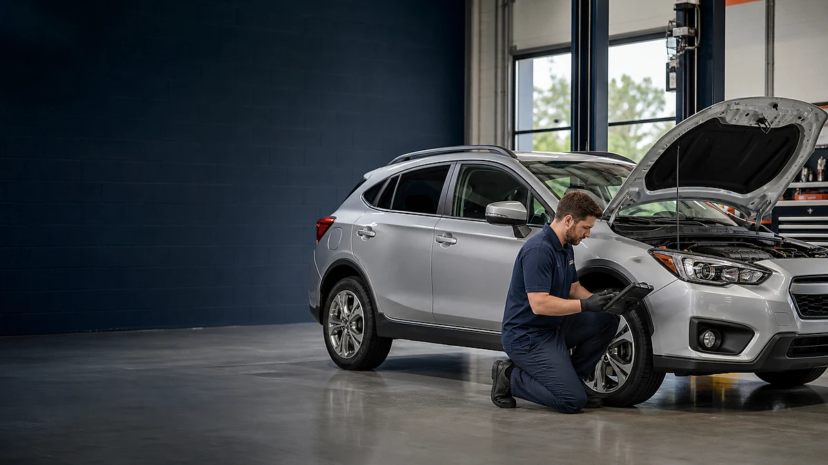 A mechanic uses a diagnostic tablet while inspecting an unbranded silver crossover with its hood open.